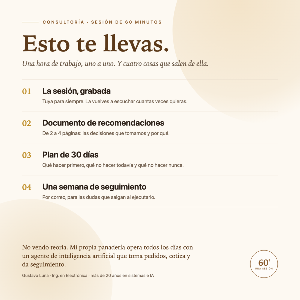 Qué incluye la consultoría: sesión grabada, documento de recomendaciones, plan de 30 días y una semana de seguimiento